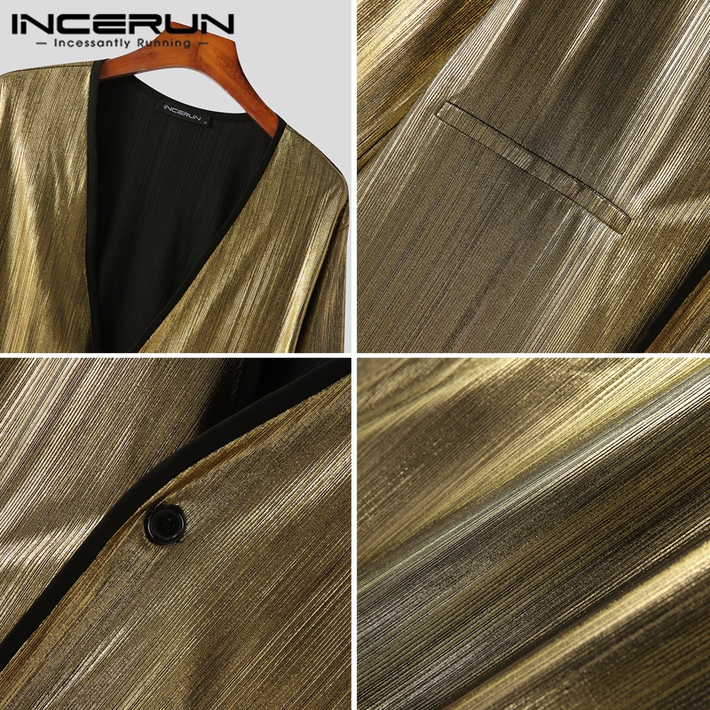 Áo khoác INCERUN nam tay dài cổ chữ V màu ánh kim lấp lánh gợi cảm