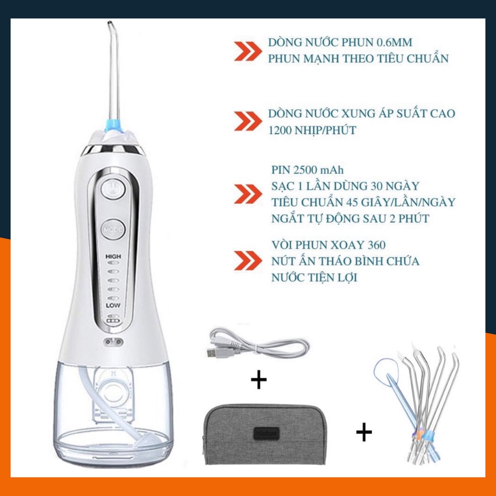 Máy tăm nước H2O Floss HF- 6P có 5 chế độ, chính hãng, tặng túi vải đựng cao cấp