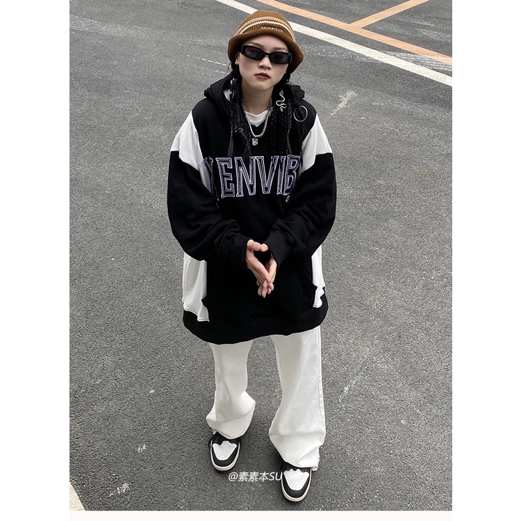 Áo sweater Có Mũ Trùm Dáng Rộng Cỡ Lớn Màu Sắc Tương Phản Kiểu Đường Phố Âu Mỹ Thời Trang Mùa Thu 2022 Mới Cho Nữ