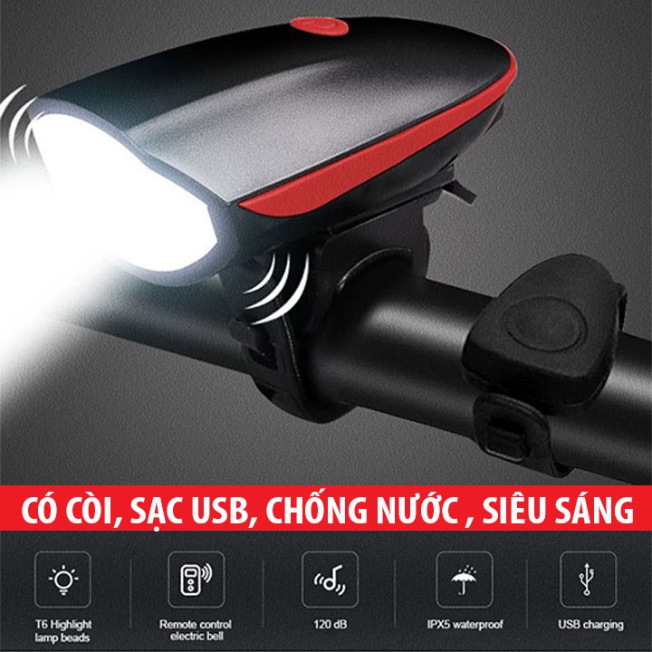 Đèn xe đạp thể thao siêu sáng có còi pin sạc usb chống nước đèn led T6