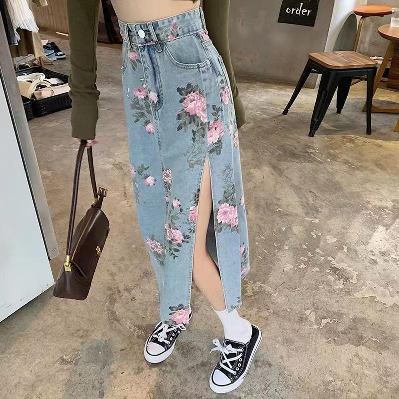 Chân Váy Denim Hoa Xẻ Tà Thời Trang Dành Cho Nữ