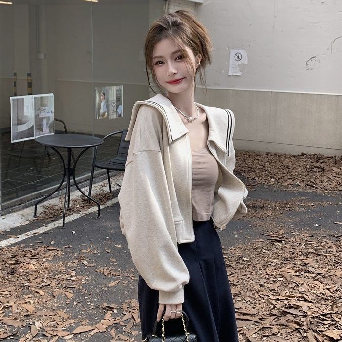 Jiashucheng Áo Khoác Sweatshirt Tay Dài Cổ Hải Quân Ngắn Dáng Rộng Màu Sắc Tương Phản Thời Trang Mùa Thu Cho Nữ