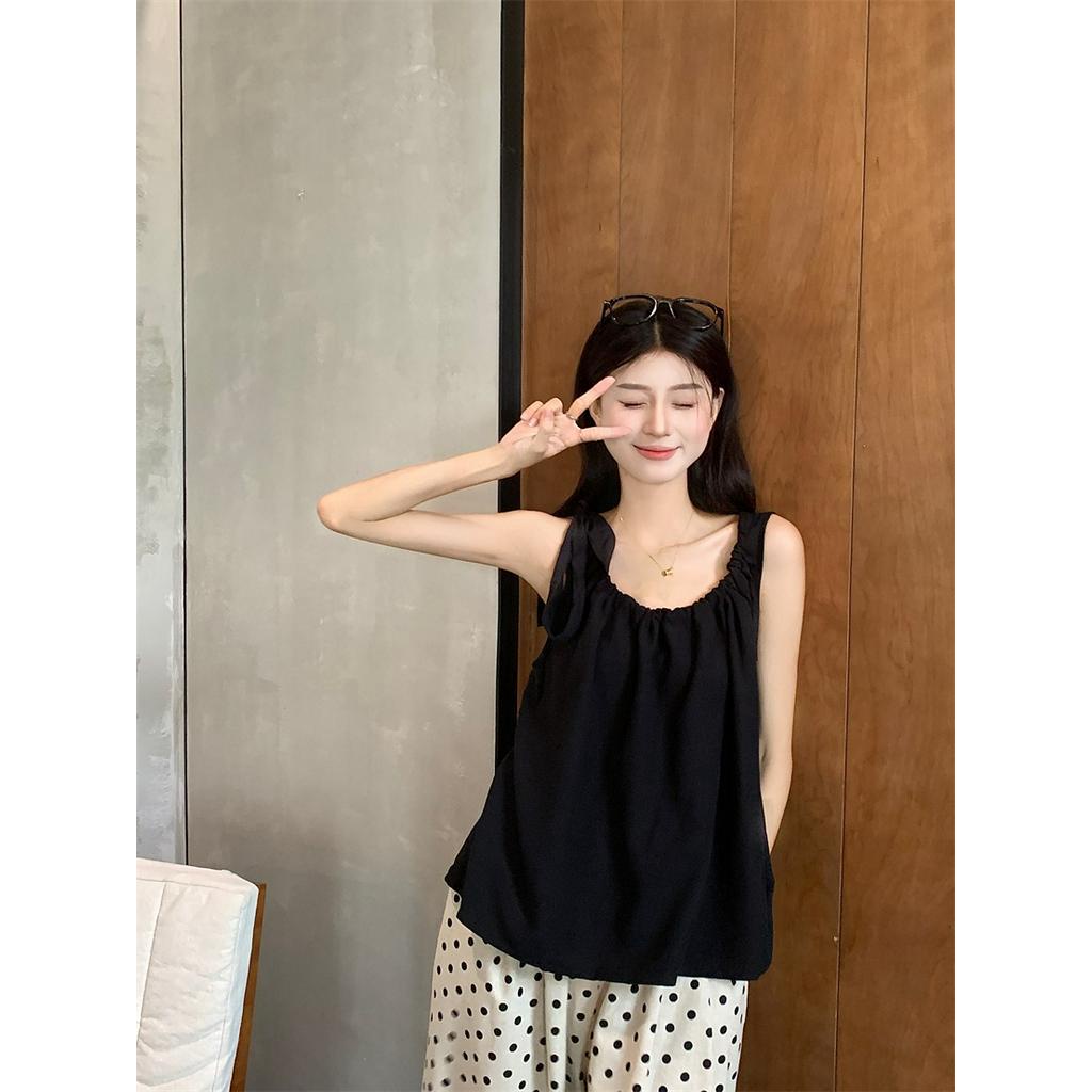 Bộ Áo Đen Cột Dây + Quần Dài Chấm Bi Ống Rộng Thời Trang 65825