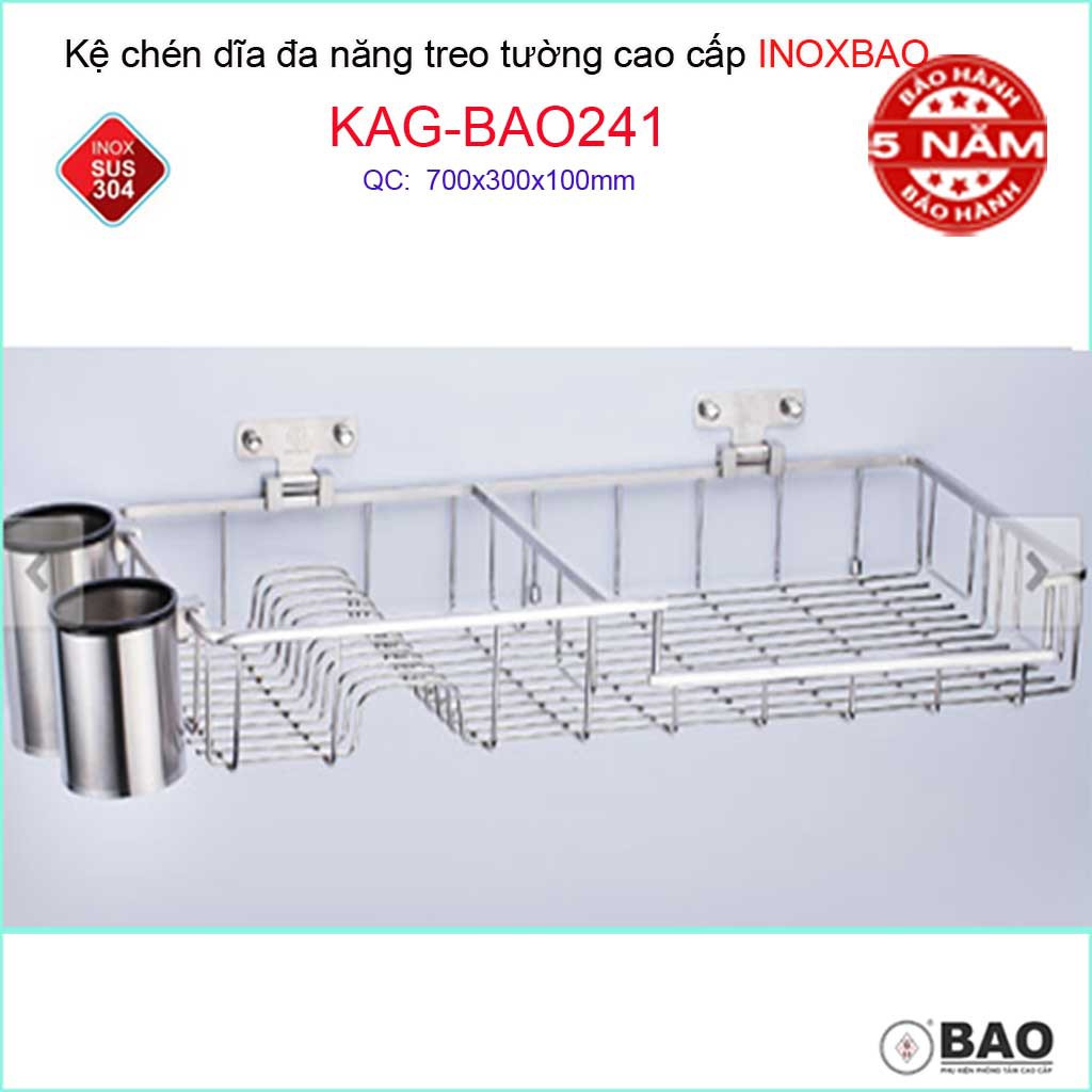 Kệ úp chén dĩa Inox Bảo KAG-BAO241 treo tường, giá đựng bát đĩa SUS304 dập đặc cao cấp 70cm kèm 2 ống đũa siêu bền