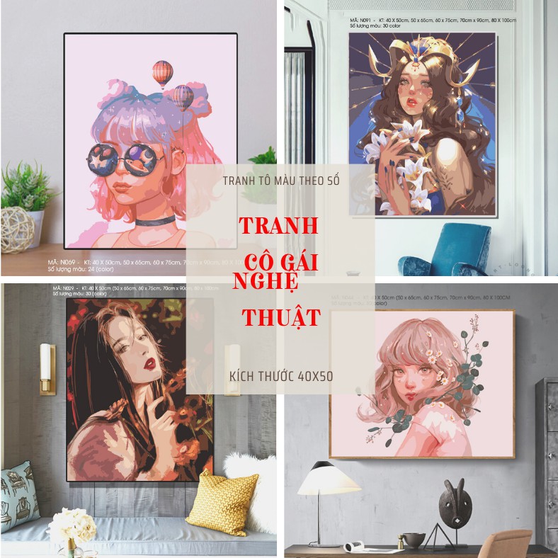 Tranh tô màu theo số cô gái nghệ thuật có sẵn hot trend có khung 40x50cm - Tranh sơn dầu số hóa