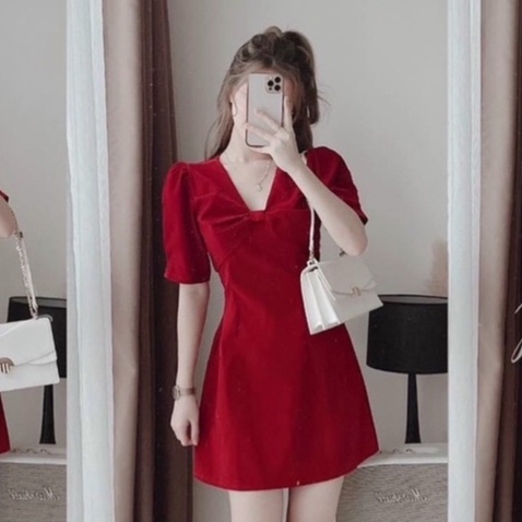 Đầm Đỏ Nữ, Váy Nữ Cổ V Xoắn Ngực Tay Phồng Ngắn Đầm Dáng A Chất Nhung Mềm Mịn Thời Trang Chanh Xả Phong Cách Đơn Giản, K