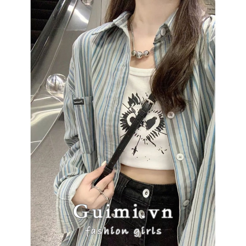 Áo khoác sơ mi NZN tay dài dáng rộng họa tiết kẻ sọc phong cách cổ điển thời trang chống nắng cho nữ