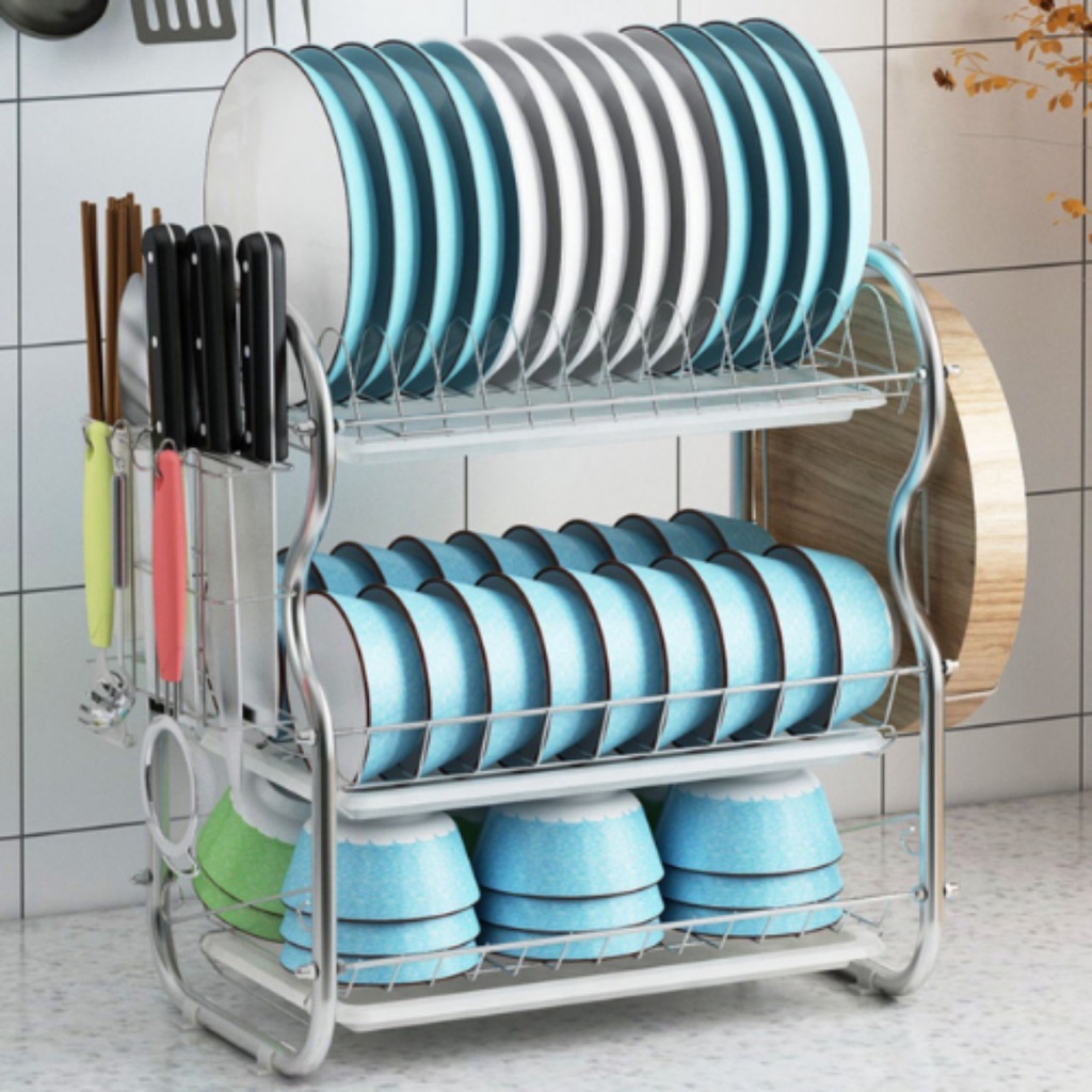 Kệ úp chén bát kết hợp để dao thớt có khay hứng nước/Trạn úp bát đĩa inox 304 siêu gọn và tiện ích.
