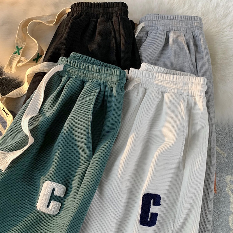 Quần ống rộng nữ nam chữ C vải tổ ong, quần dài thể thao unisex trẻ trung