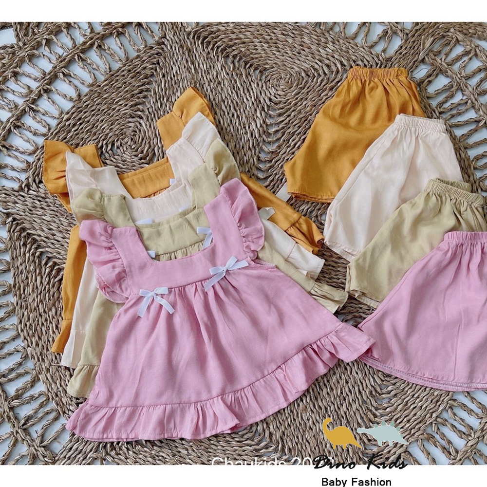 Bộ cộc tay bé gái, bộ áo cánh tiên chất đũi mềm cổ vuông phần ngực 2 nơ nhỏ cho bé