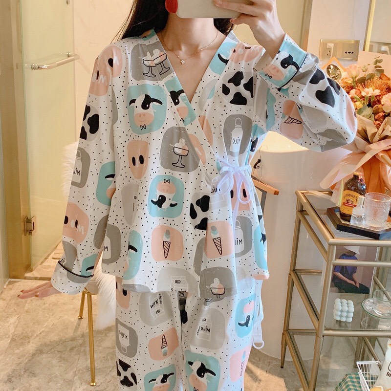 Bộ mặc nhà dài tay Kimono Đồ ngủ nữ pijama Thu đông 𝐁𝐃𝟓𝟔