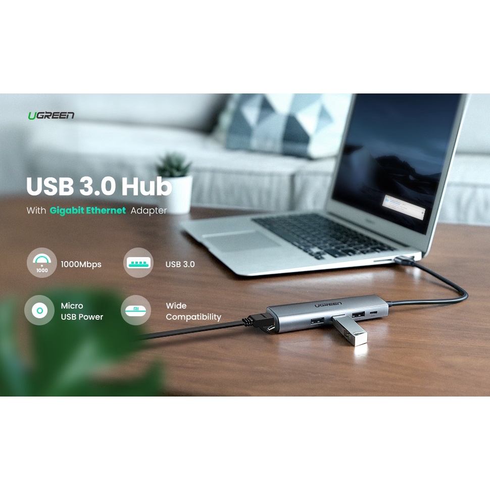 Bộ chuyển USB 3.0 sang LAN 1Gbps + 3 cổng USB 3.0 chính hãng UGREEN 60812 cao cấp - Hàng phân phối chính hãng