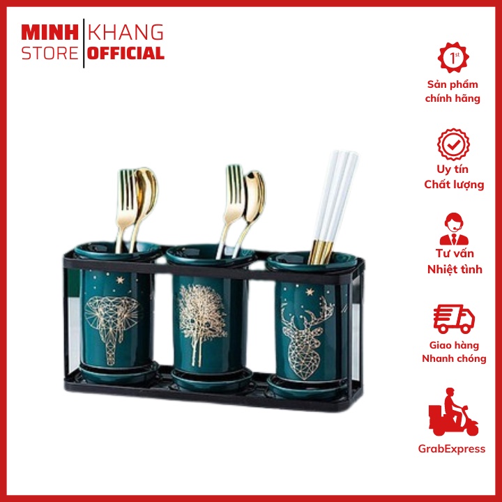 Bộ Ba Ống Đựng Đũa, Thìa Sứ - Màu Xanh Ngọc Lục Bảo Tuyệt Đẹp làm sang trọng bếp ăn của bạn