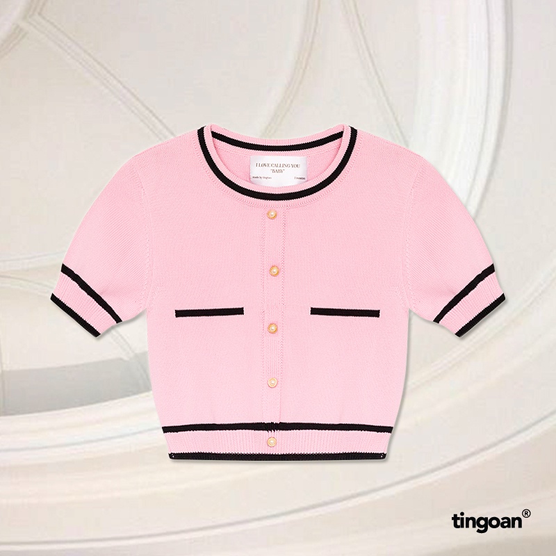 TINGOAN® - Áo len ngắn tay viền đen chống nhăn hồng ALISSA TOP/PK