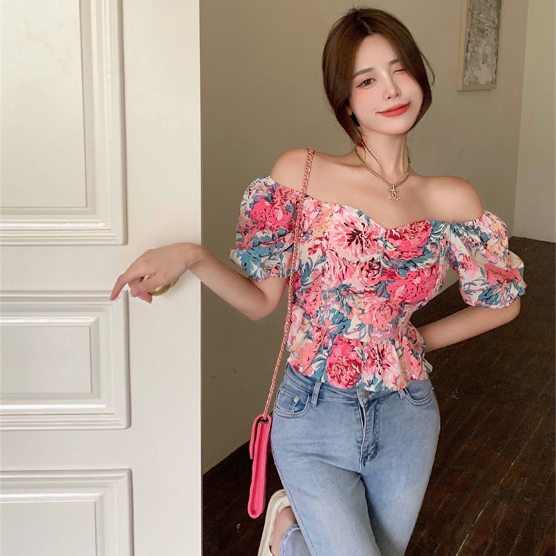 Áo Kiểu Tay Ngắn Phồng Cổ Vuông Họa Tiết Hoa Phong Cách Retro