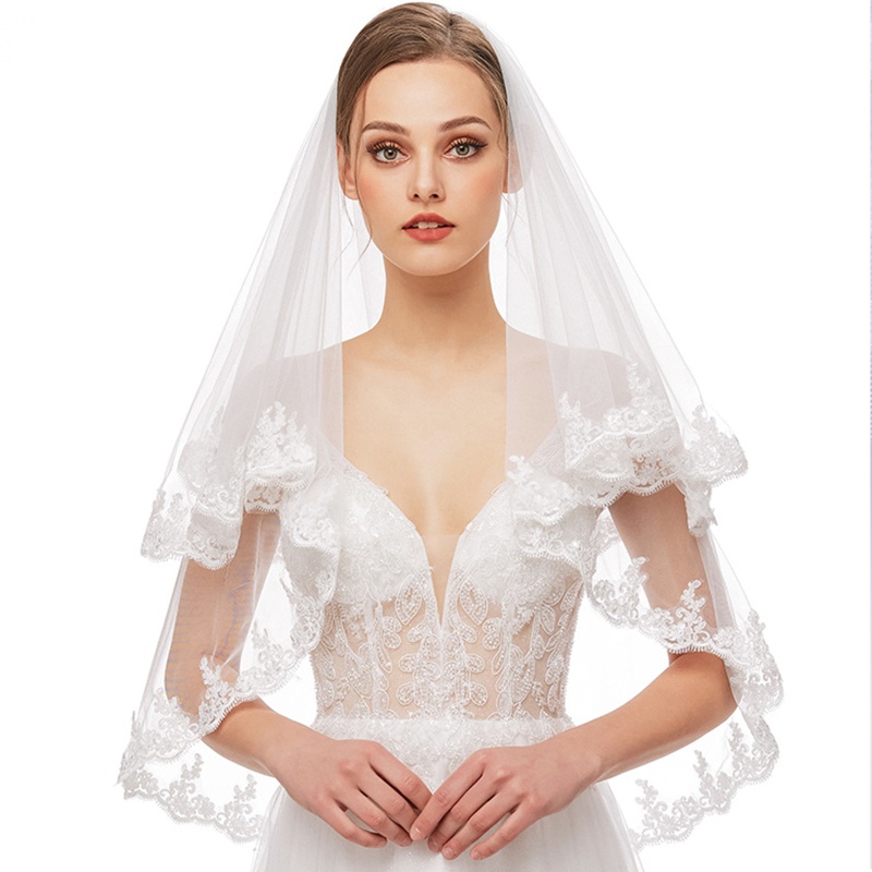 Mạng Che Mặt Vải Tuyn Hai Lớp Phối Ren Hoa Cho Cô Dâu