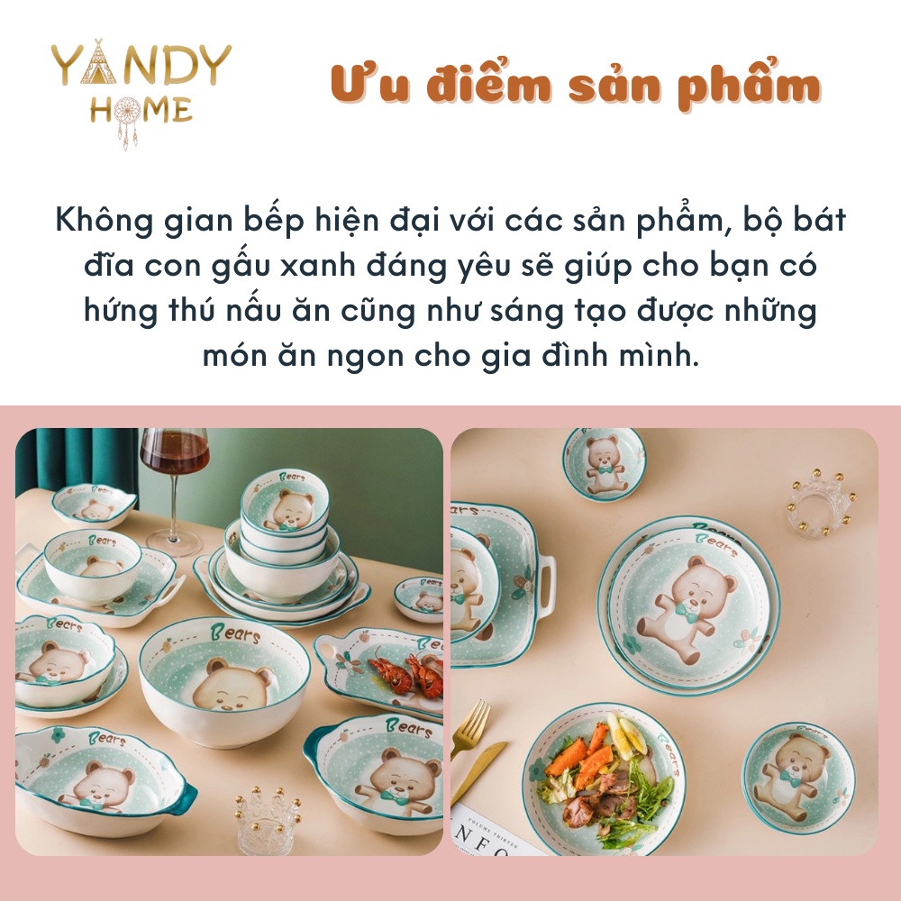 Bát đĩa tô chén gốm sứ YANDY HOME BB09 họa tiết gấu xanh 10 chi tiết men sáng bóng