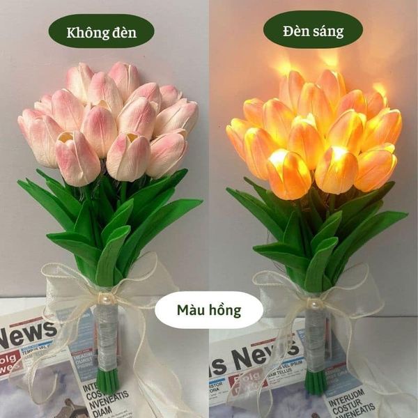 Bó 10 cành hoa tulip đèn led phát sáng hoa lụa giả kèm nơ xinh Decor trang