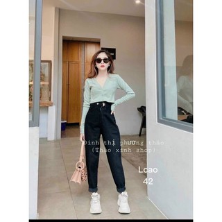 Quần jean baggy nữ phối nút lưng cao ống vừa màu unisex