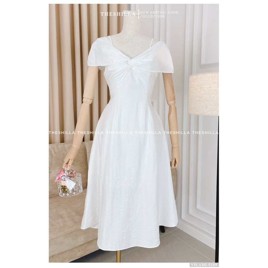 Váy thiết kế cao cấp màu trắng bẹt vai xoắn nơ ngực [ Có video + Ảnh thật ] The Shilla - Vilami-52B9