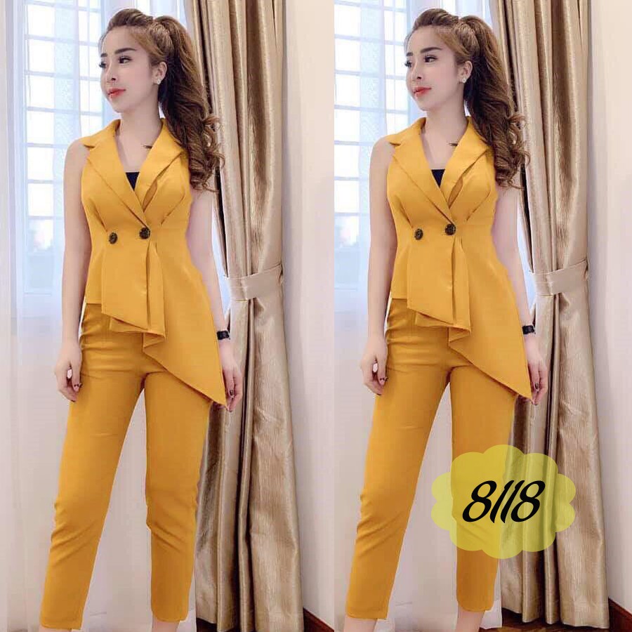 Set Bộ Nữ Cổ Vest Kèm Lót Trong Chất Cát Hàn