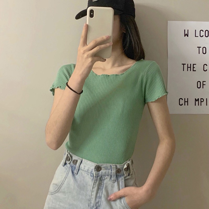 Áo Croptop Dệt Kim Tay Ngắn Phối Bèo Thiết Kế Hợp Thời Trang