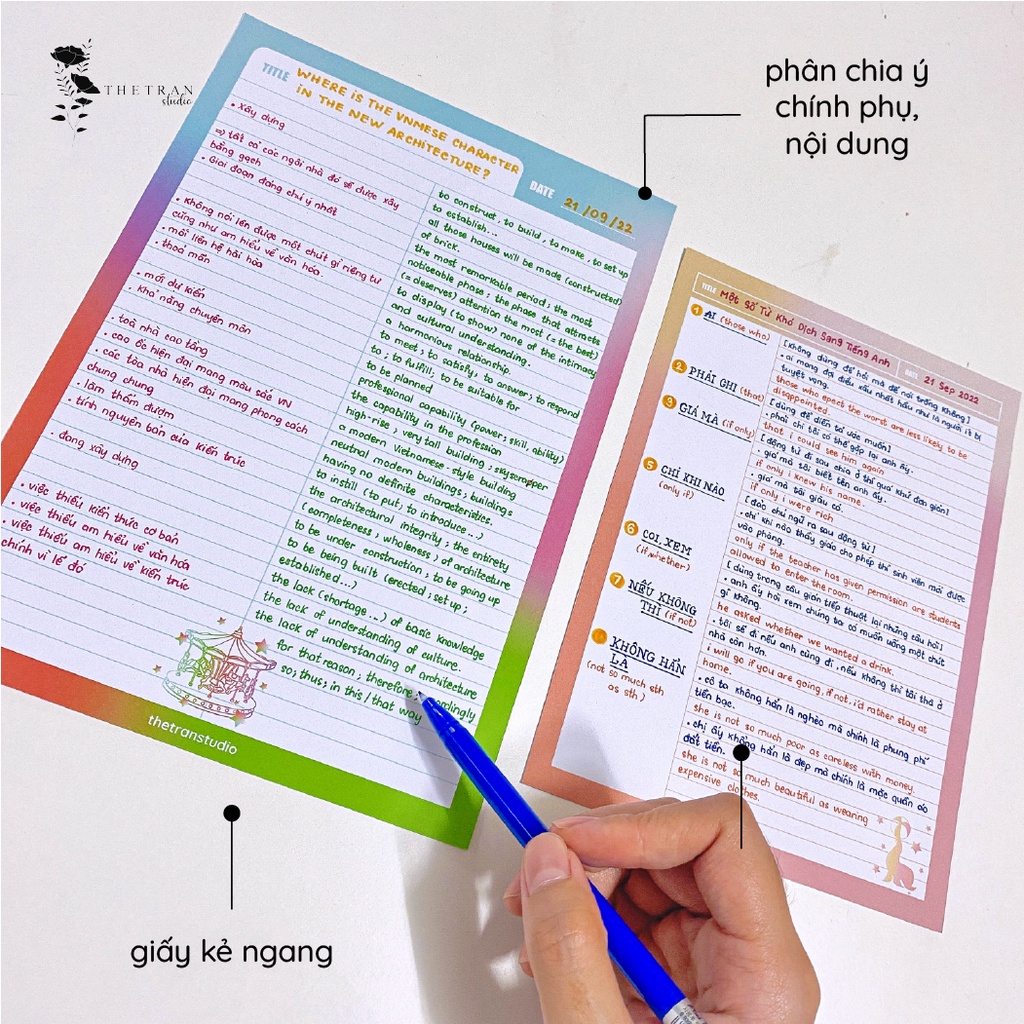 Bộ 10 tờ giấy ghi chép kẻ ngang A4, B5, A5, A6 cornell gradient / dream notepad / thetranstudio