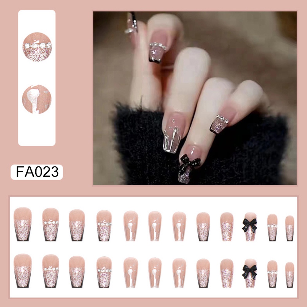 Set 24 móng tay giả màu đen họa tiết hoa/bướm xinh xắn kèm keo dán