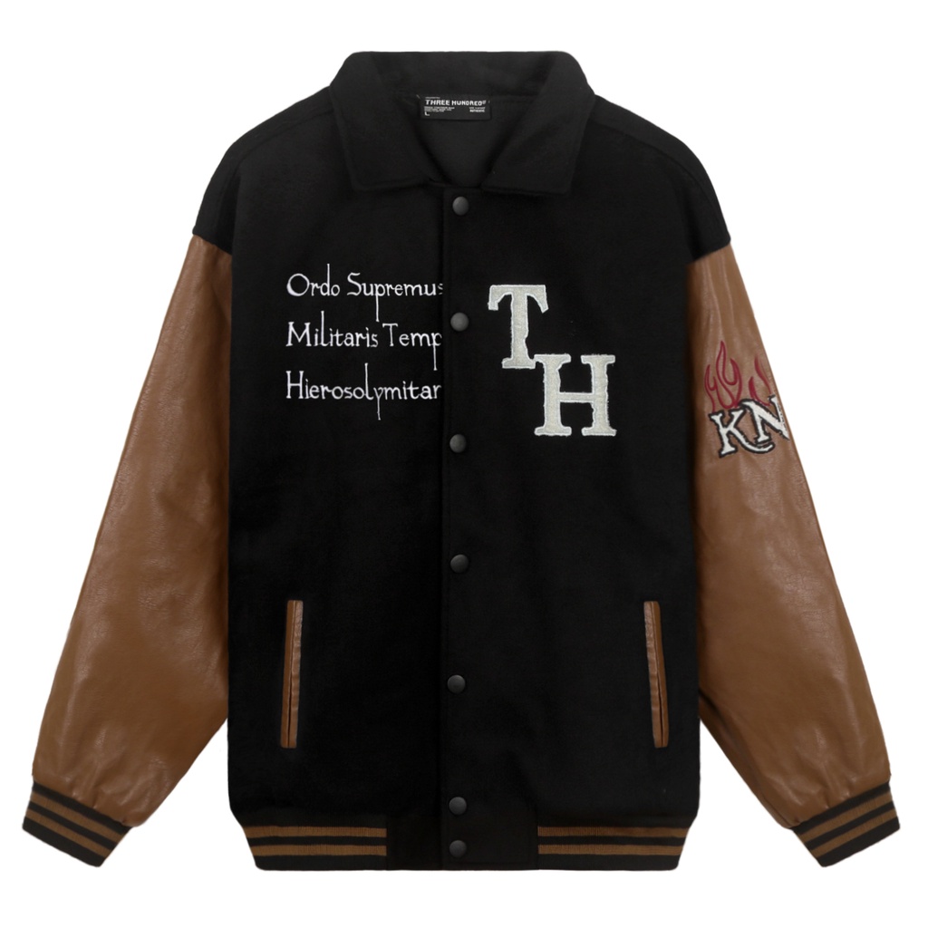 Áo Khoác Varsity Jacket Chất Liệu Dạ Tay Nâu Da Dày Dặn Cổ Bẻ Form Rộng Thoải Mái Unisex Hình Thêu Sắc Nét Màu đen