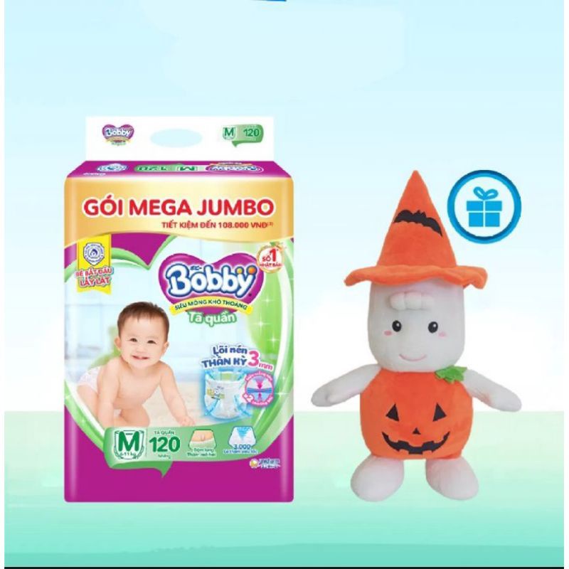 Tã quần Bobby Mega Jumbo M124, L108, XL96, XXL88 Đệm lưng Thấm mồ hôi mới