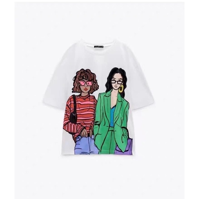 Áo thun trắng nữ Zara hình 2 cô gái