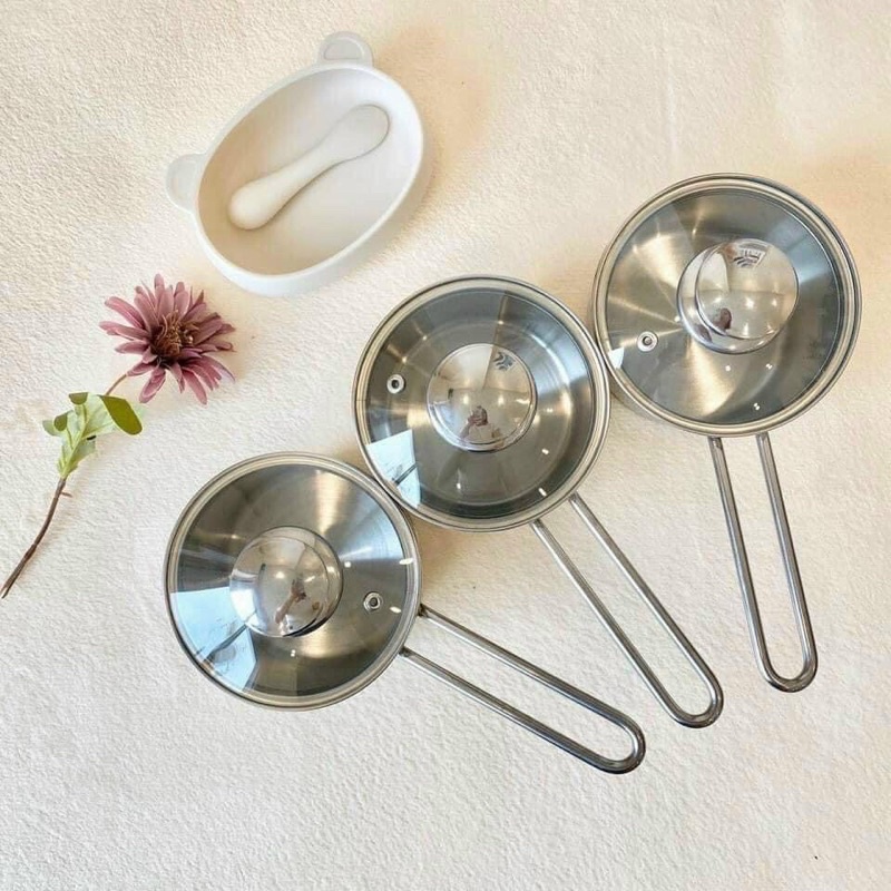 Bộ nồi Inox kèm xửng hấp Milk Pot 16cm nấu cháo, đồ ăn dặm cho bé | Nồi kiêm hấp đồ ăn dặm cho bé
