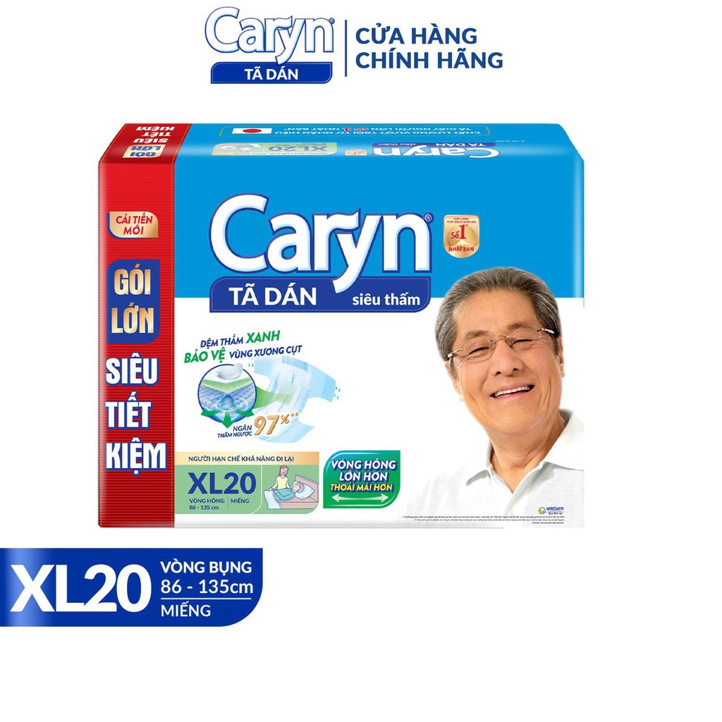 Bỉm người già CARYN dạng dán, Tã người lớn siêu thấm chống trào 4 chiều dành cho người cao tuổi full size 20 miếng