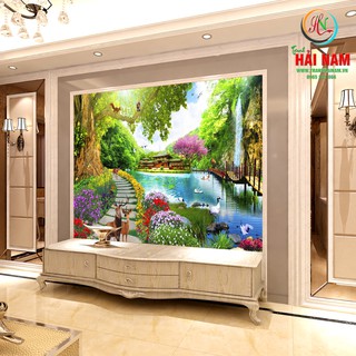 Tranh dán tường 3D phong cảnh trang trí phòng khách Vải lụa kim sa