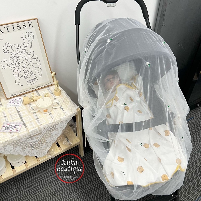 Màn Che Xe Đẩy Style Hàn Quốc Chống Muỗi và Côn Trùng Cao Cấp Cho Em Bé, Thêu Tay Gấu Thỏ Mềm