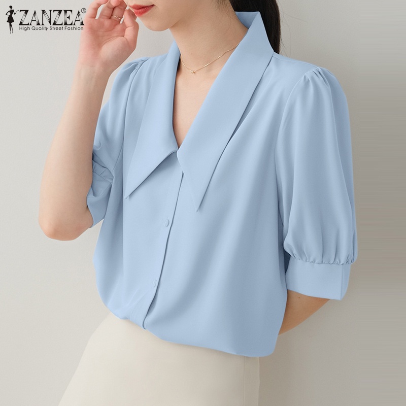 Áo sơ mi ZANZEA tay ngắn cổ bẻ cài nút thời trang Hàn Quốc cho nữ