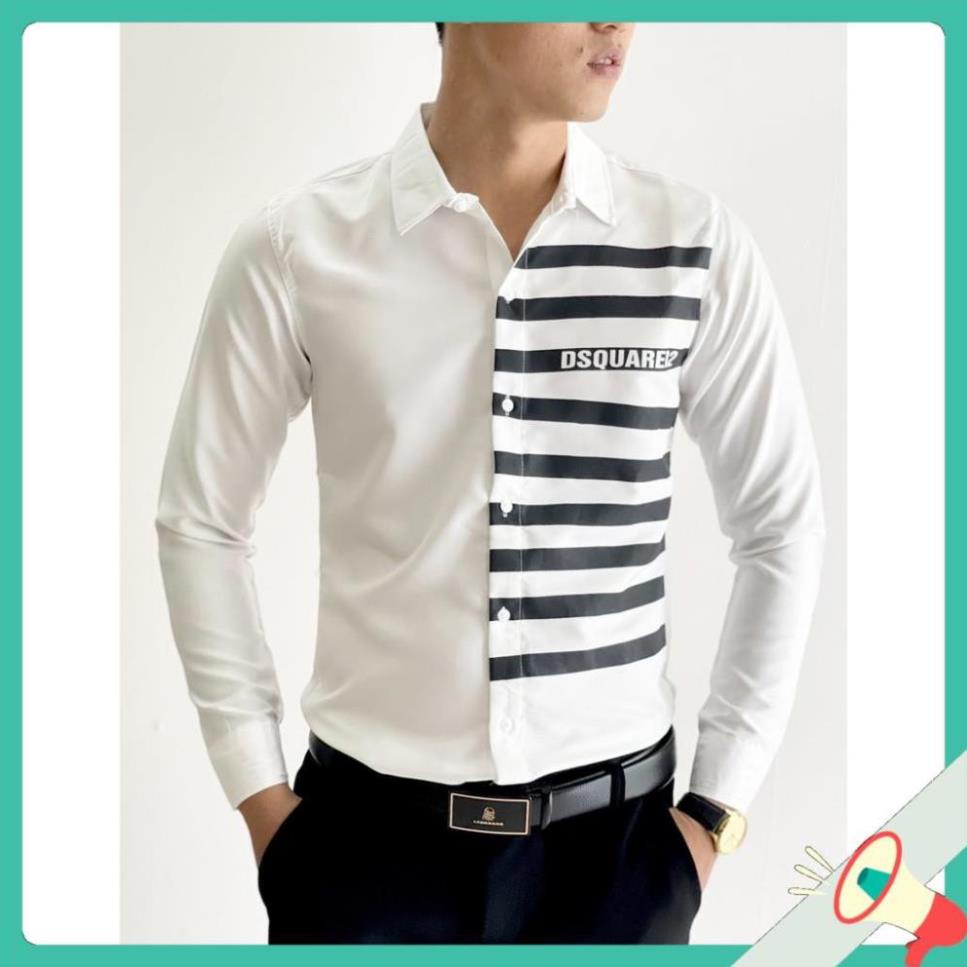 Chất Xịn ÁO SƠ MI IN THÊU TAY DÀI PHỐI SỌC NGANG - ITTD04 Đẹp