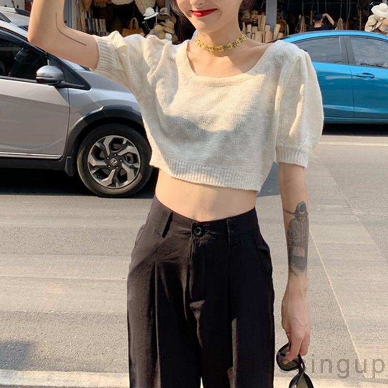 Áo dệt kim tay ngắn màu trơn hở eo thời trang mùa hè dành cho nữ