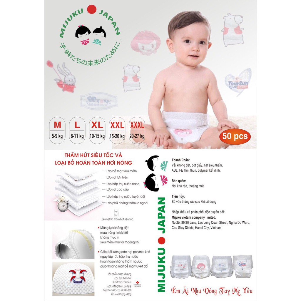 Bịch 50 miếng bỉm/tã quần cao cấp Mijuku đủ size M, L, XL