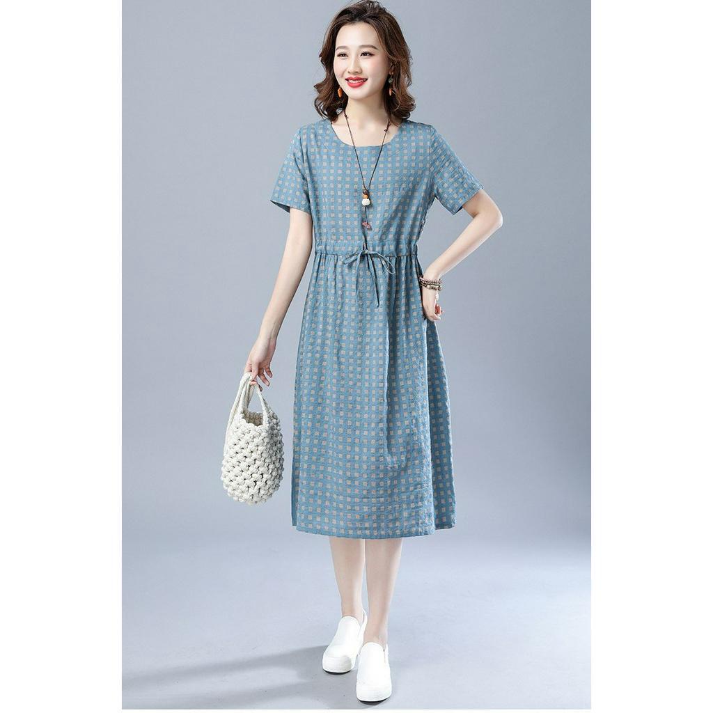 Đầm Linen nữ dáng suông, Váy caro công sở nữ dáng dài, tay ngắn, eo có dây chỉnh, chất liệu Linen cao cấp Đũi Việt