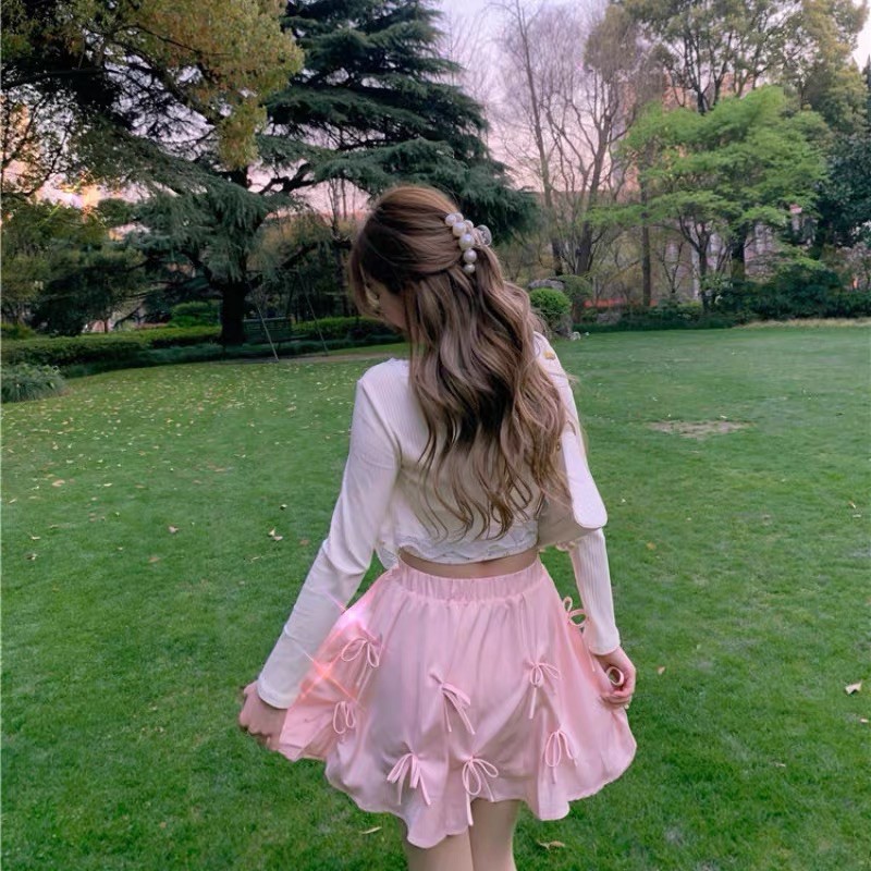 Set áo 2 dây croptop+áo cardigan tay dài + chân váy hồng đính nơ xinh xắn phong cách ulzzang Sam Sam Boutique