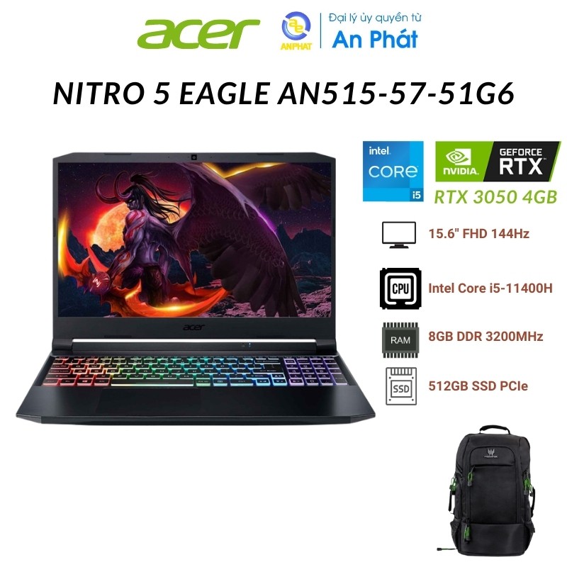 Laptop Acer Nitro 5 Eagle AN515-57-51G6 NH.QD8SV.002 (Core i5-11400H | 8GB | 512GB | RTX 3050 4GB | 15.6 inch FHD |Win10