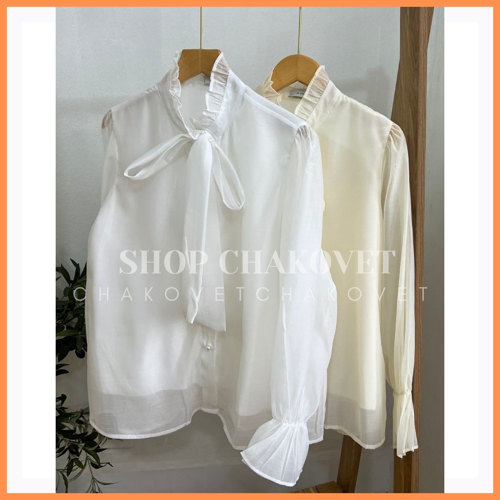 Áo sơ mi voan tiểu thư ulzzang hàn quốc 2 lớp A8163 cúc ngọc dễ thương cổ thắt nơ tay phồng bo chun siêu xinh sang chảnh