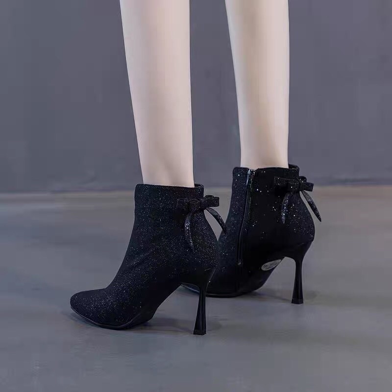 boots nữ kéo khoá, bốt cao gót kim tuyến đính nơ tiểu thư