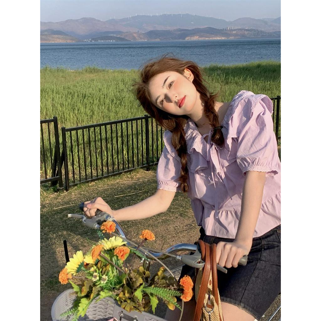 Áo Sơ Mi Tay Ngắn Rộng Có Dây Buộc Đôi Phong Cách Mới 63325