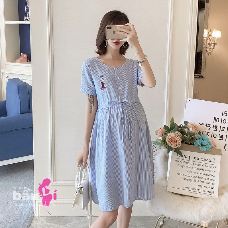 Đầm bầu kẻ tăm dáng xòe siêu xinh, có dây chỉnh bụng mặc từ bầu nhỏ tới to đều gọn đẹp - SBV164