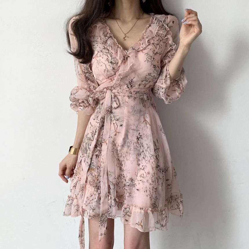 Đầm voan hoa tay lửng thời trang dành cho nữ