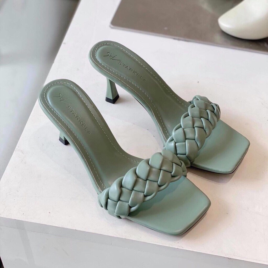 Dép cao gót nữ Quai thắt bính, guốc nữ thời trang fom chuẩn size  gót cao 7p màu xanh, đen và kem, tím CG-0396