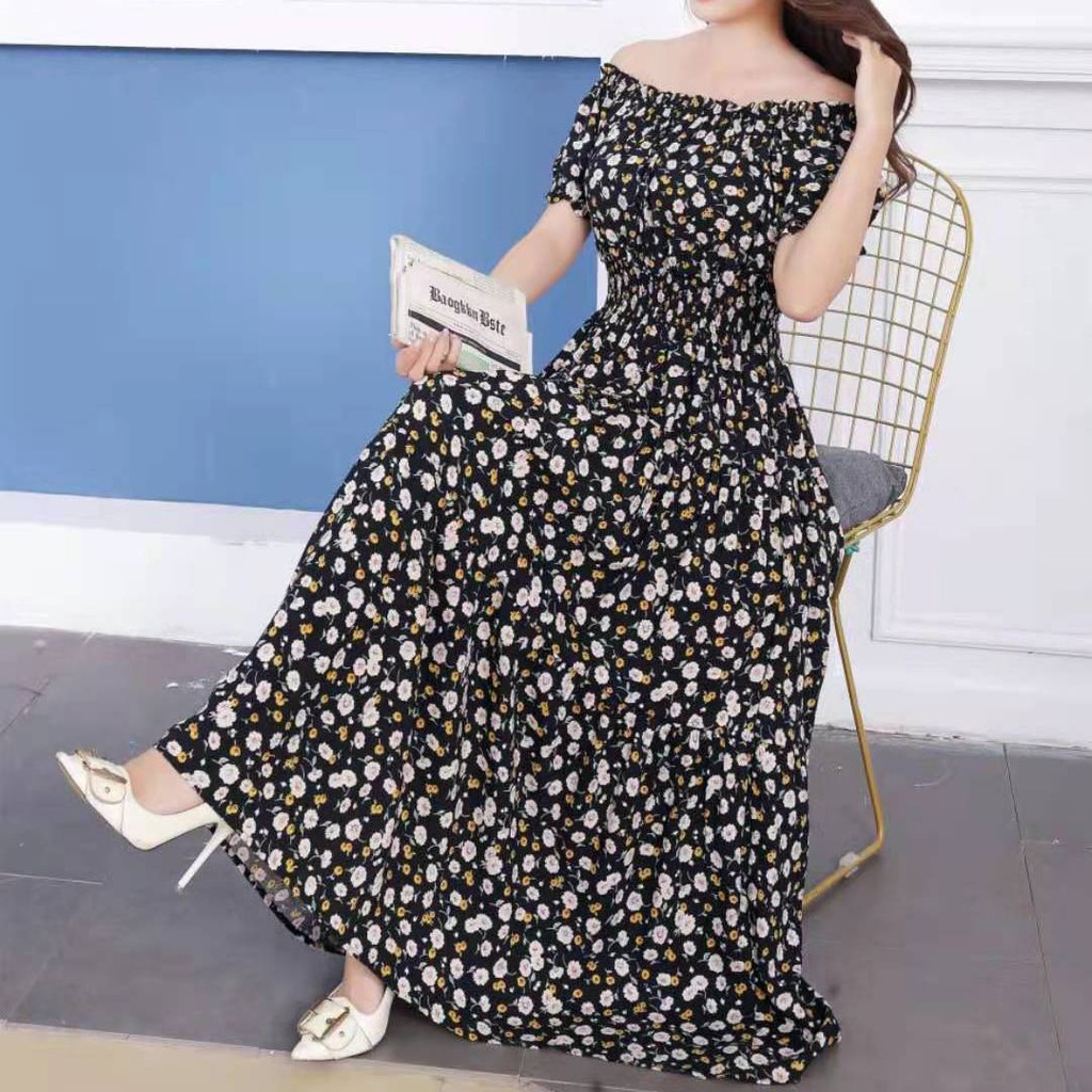 Váy dáng dài Váy maxi nữ Váy suông Summer new one Váy lụa cotton trễ vai 2021 tính khí hai mặc giảm eo dài tay