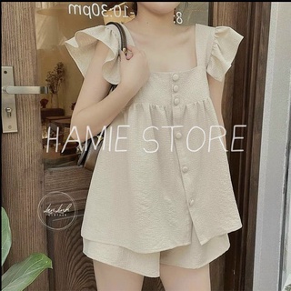 Set bộ babydoll áo cổ vuông cánh tiêm kết hợp quần sooc ống rộng cạp cao, mẫu đồ bộ nữ chất liệu đũi xốp mát mịn